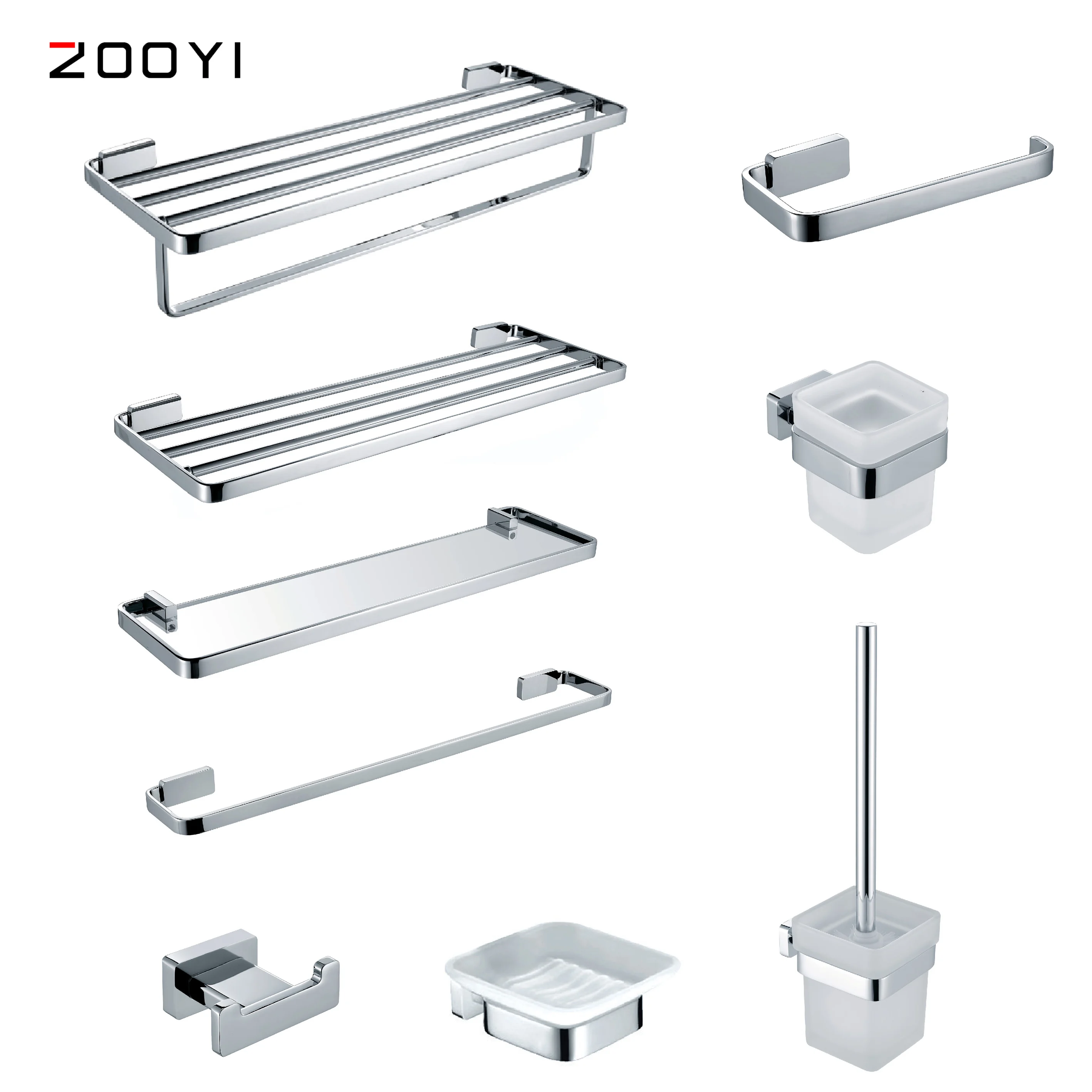 
ZOOYI China Sanitary Ware Manufacture Fashion Design Square Chrome Brass Glass Bath Bathroom Accessory Set 