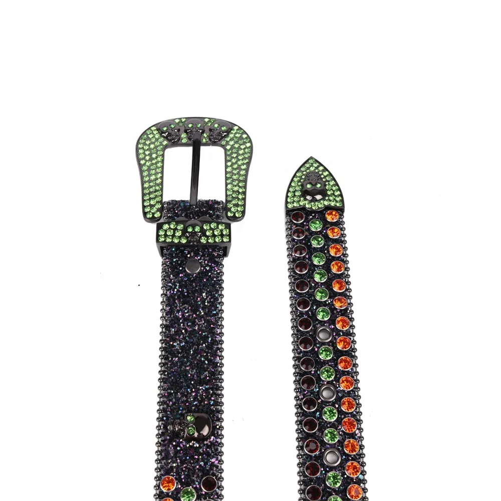 Cowboy&Cowgirl High-Key Colorful Bling Crystal Skull Belt Rhinestone Y2K With Green and Orange