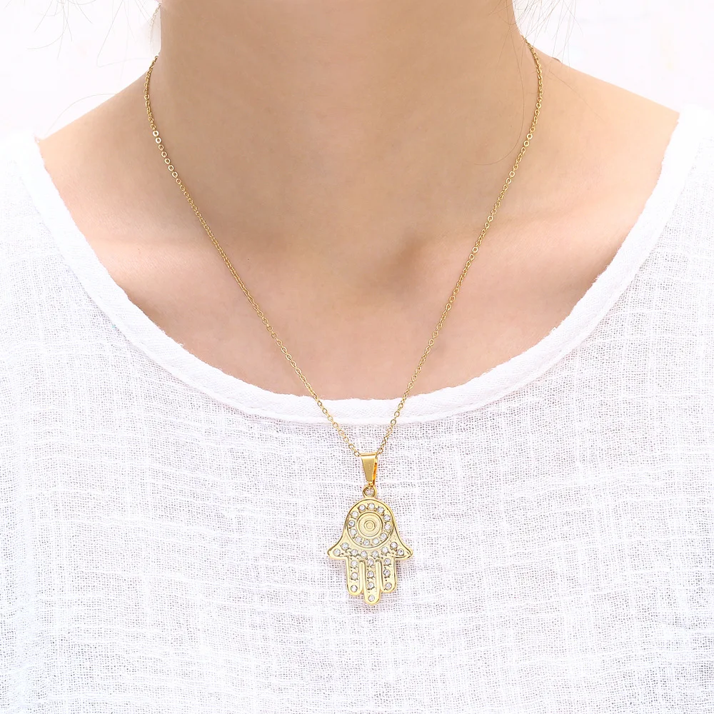 Fatima Palm Diamond Pendant Unisex Stainless Steel Necklace Titanium Jewelry 18K
