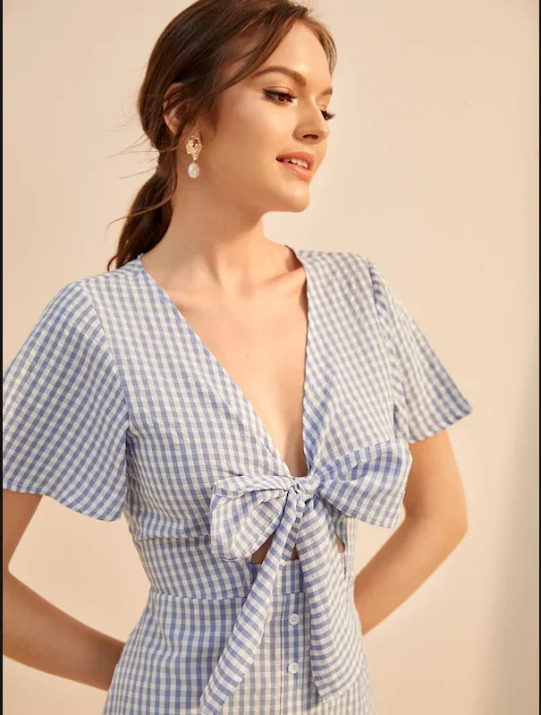 Wholesale Womens Summer Fashion Clothing Short Sleeve Front Tie bow Blue Plaid MIni Dresses
