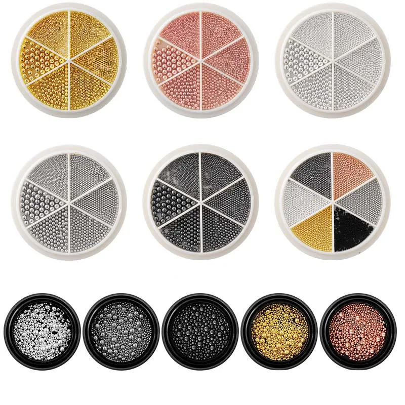 6 Grid Rose Gold Silver Black Metal Nail Caviar Beads 3D Mini Micro Steel Ball Nail Art Decoration Nail Caviar Bea