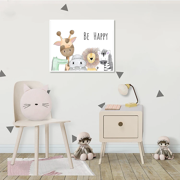 Картина на холсте для детской комнаты Be Happy постер с животными гиппопотамом жирафом обезьяной львом домашний