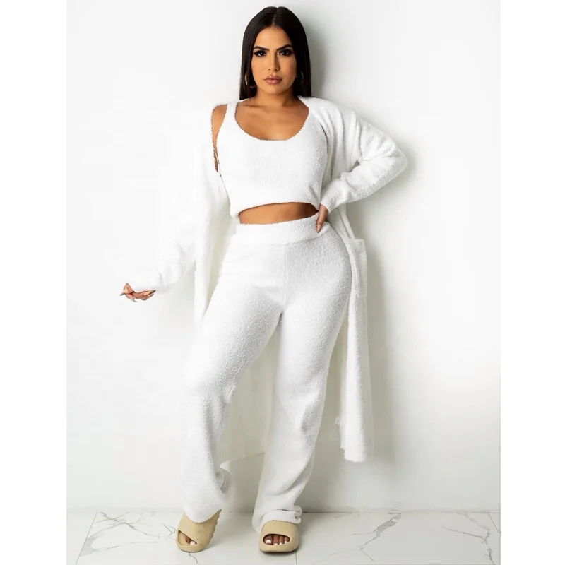 RX-826 Home wear casual solid towel fabric three piece sweater set 3 piece fuzzy set cardigan and long pants 3 piece set