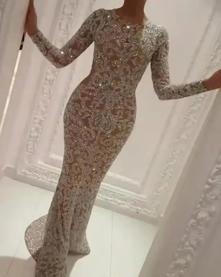 New Sexy O Neck Mermaid Evening Dress Long Formal Prom Party Gown Full Sequins long Sleeve Galadress Vestidos Occassion Dresses