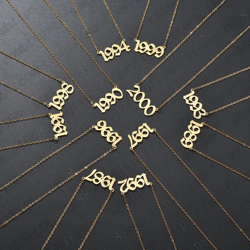 NUORO 1980-2021 Gold Plated Old English Angel Number Pendant Choker For Women Men Jewelry Stainless Steel Birth Year Necklace