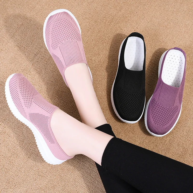 XRH Wholesale Mesh Knit Slippers Custom Logo Pink Walking Style Flats Shoes Purple Slip On Casual Shoes For Mother Women