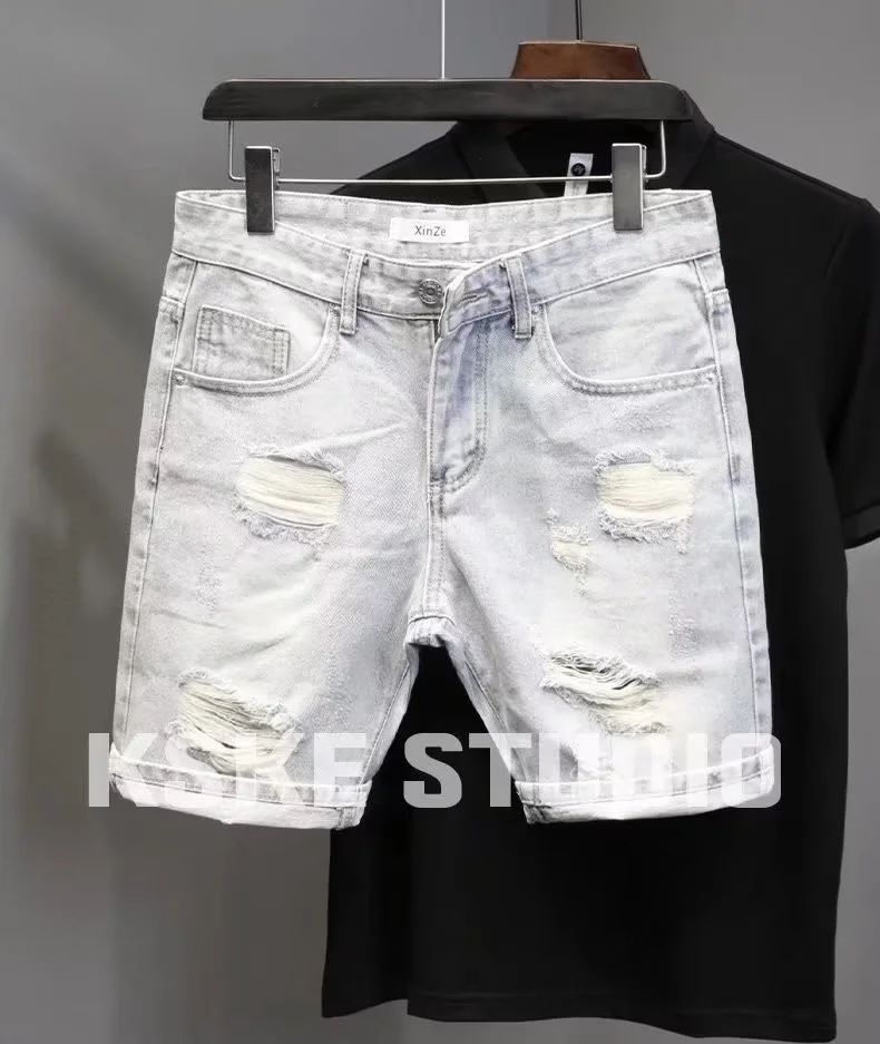 High Quality Men Summer Jean Shorts High Street Vintage Loose Fit Distressed Washed Ripped Men Denim Shorts