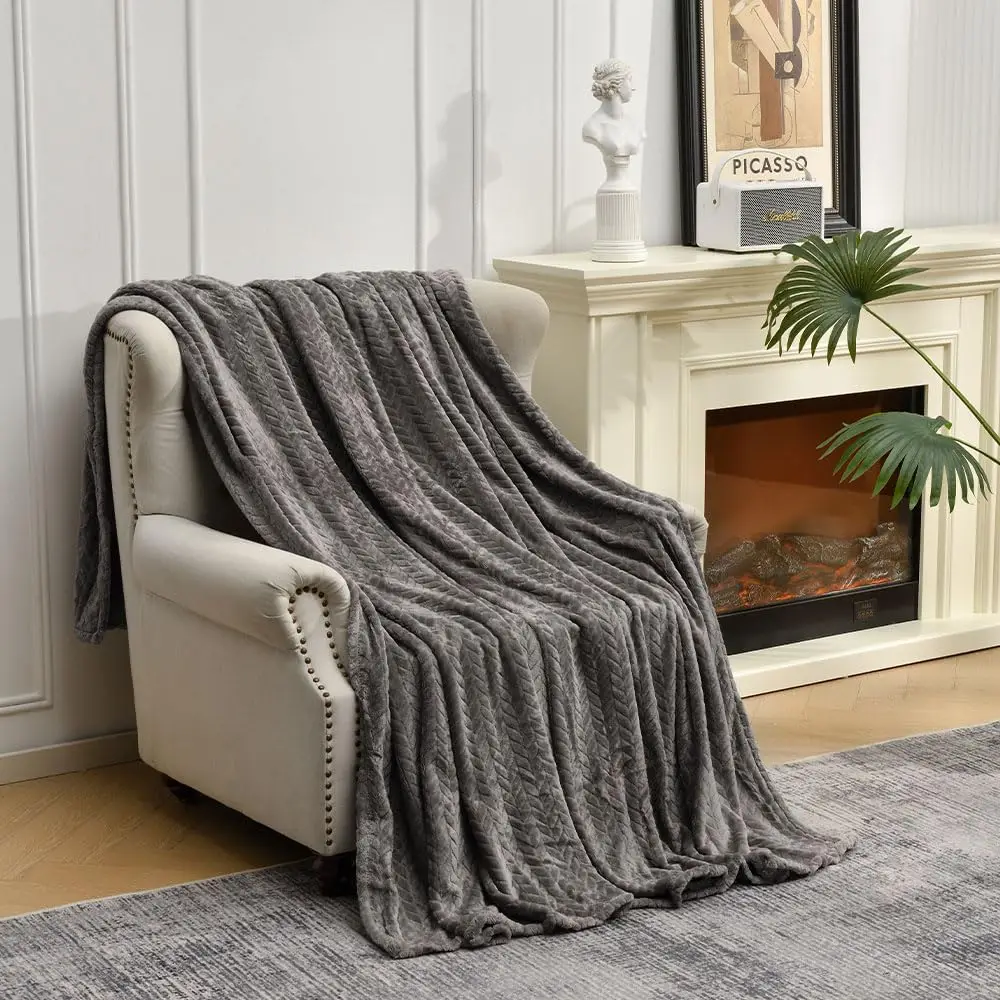 Flannel Fleece Luxury Throw Jacquard Weave Blanket, Charcoal Grey Travel/Throw Size Leaf Pattern Cozy Couch/Bed Super Soft