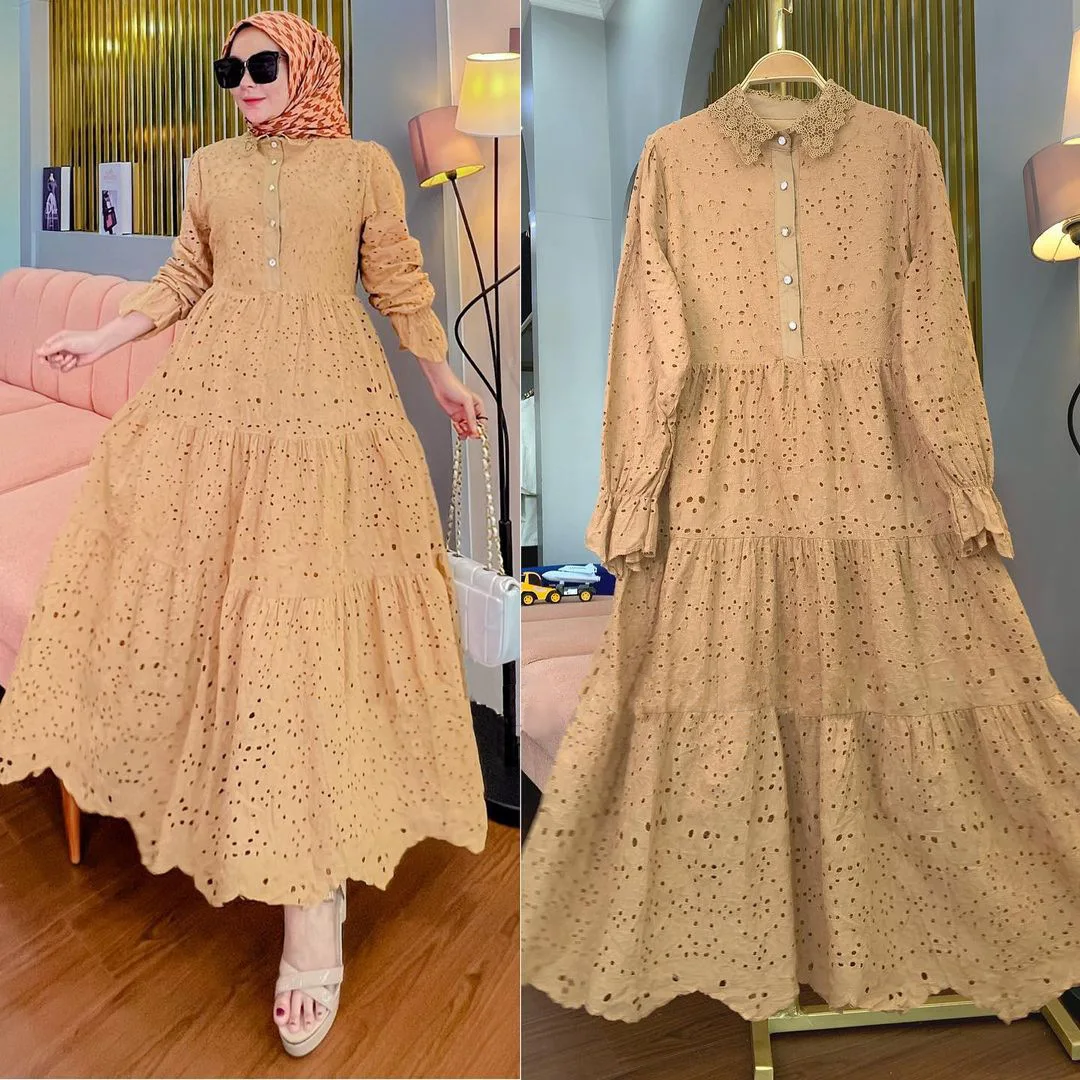 Eid Lace Floral Women Muslim Robe Bohemian Vintage Abaya Dubai Dresses Long Sleeve Loose Long Turkish Islamic Dresses