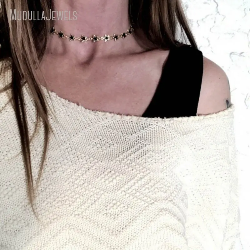 NM45388 Black White Enamel Moon And Star Gold Plated Chain Choker Minimal Layering Witch Boho Goth Necklace For Women