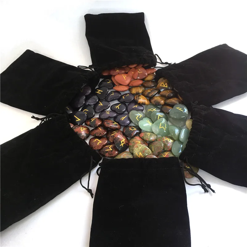 Wholesale 25 pcs Chakra Crystal Heart Set Engraved Holistic Balancing Reiki Healing Crystals Chakra Symbols Tumbled Palm Stone