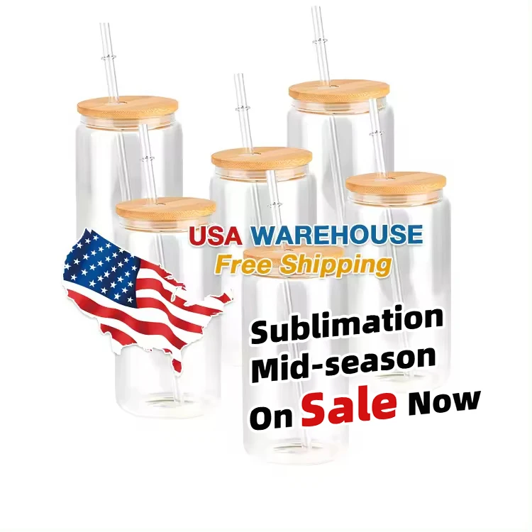 Us Warehouse Sublimate Milk Tumbler For Dinnerware 16Oz Candle Jars Frosted Sublimation Glass Cups With Bamboo Lids And Straws