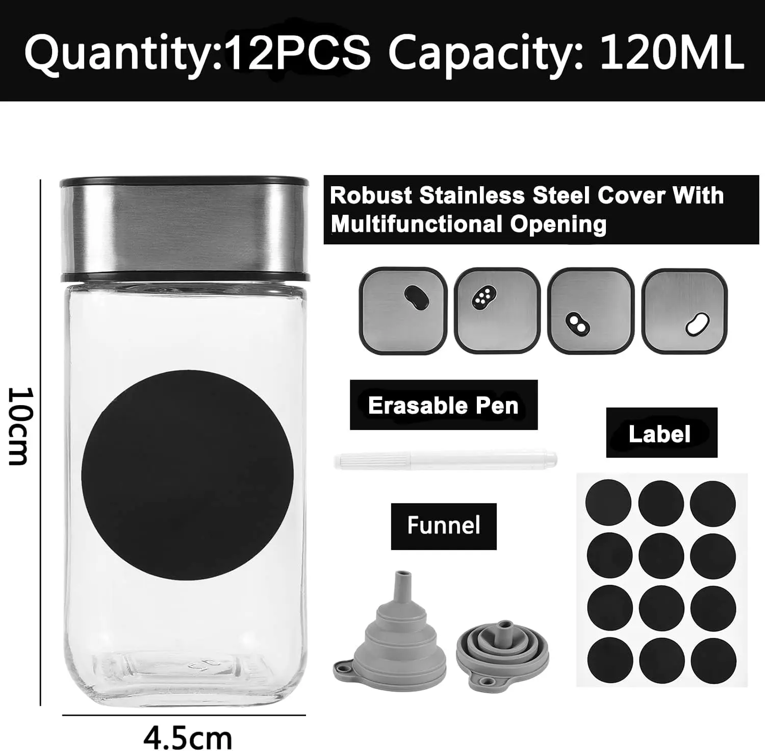 Glass Square 4oz Spice Jars Spice Containers with Airtight Stainless Steel Turn lids Spice Bottles Glass Seasoning Jars
