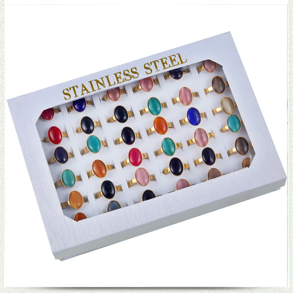 36PC/BOX Bohemia Vintage Natural Stone Gold Plating Ring Colorful Cat Eye Titanium Finger Men lady Stainless steel Rings