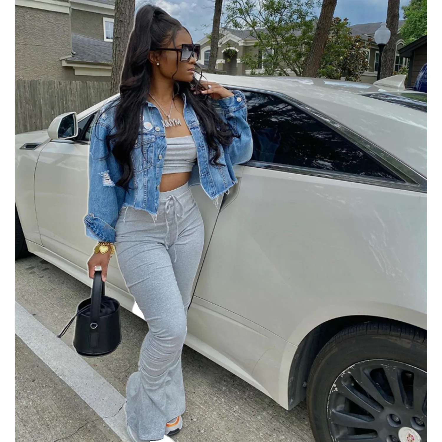 HJ ZSE29 20%Off Tight Off Shoulder Crop Top Shirts Vendors Women Stacked Joggers Flare Pant Clothing 2 Peice Outfits