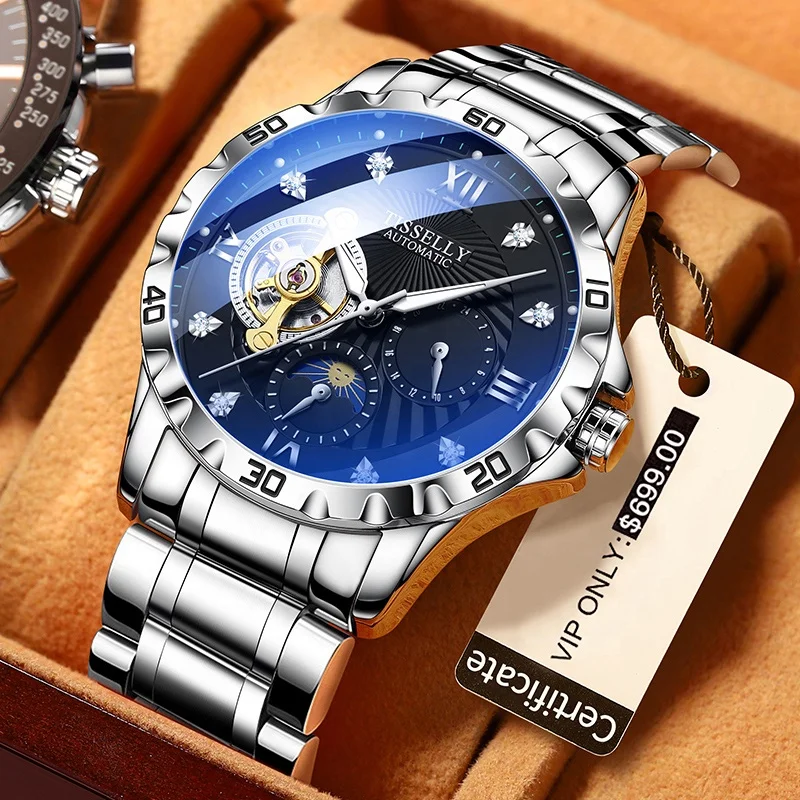 TISSELLY 8858 Футляр Moon Роскошные Модные Мужские автоматические механические часы Relojes для продажи