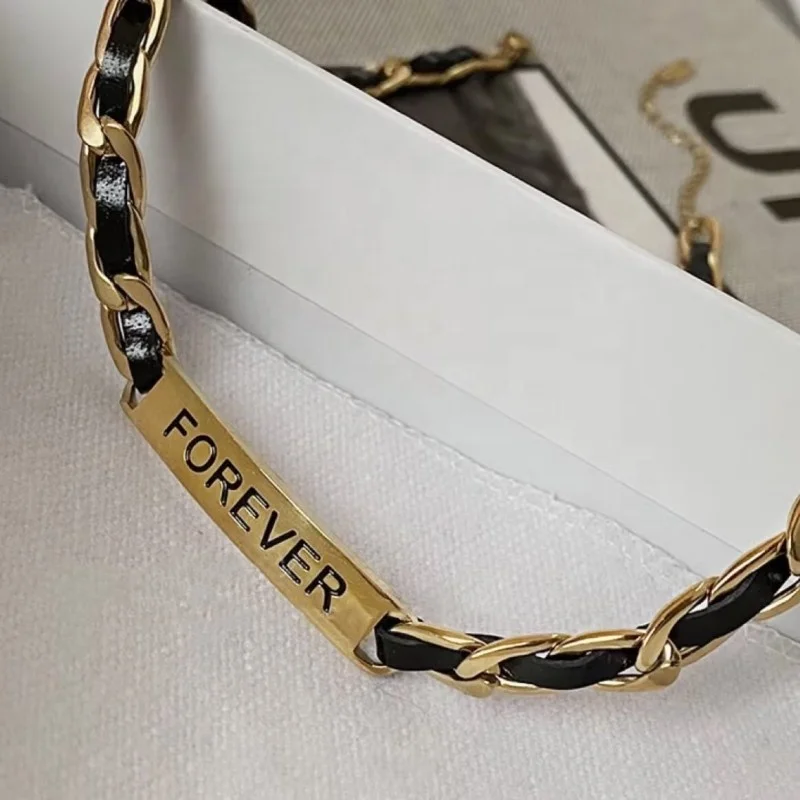 14k Gold Plated Stainless Steel 316L Leather Link Necklace French Retro Vintage Ladies Cuban Chain Choker Necklace