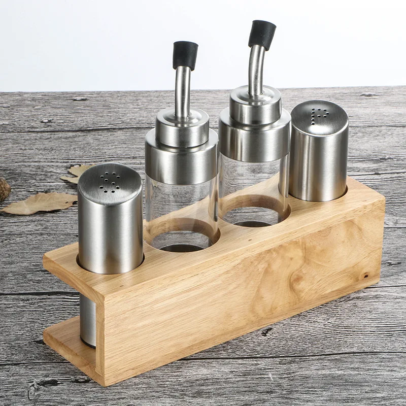 Kitchen season Glass Oil and Vinegar Dispenser with wooden stand set 2 PCS Oil and Vinegar Cruets and 1 Storage Stand