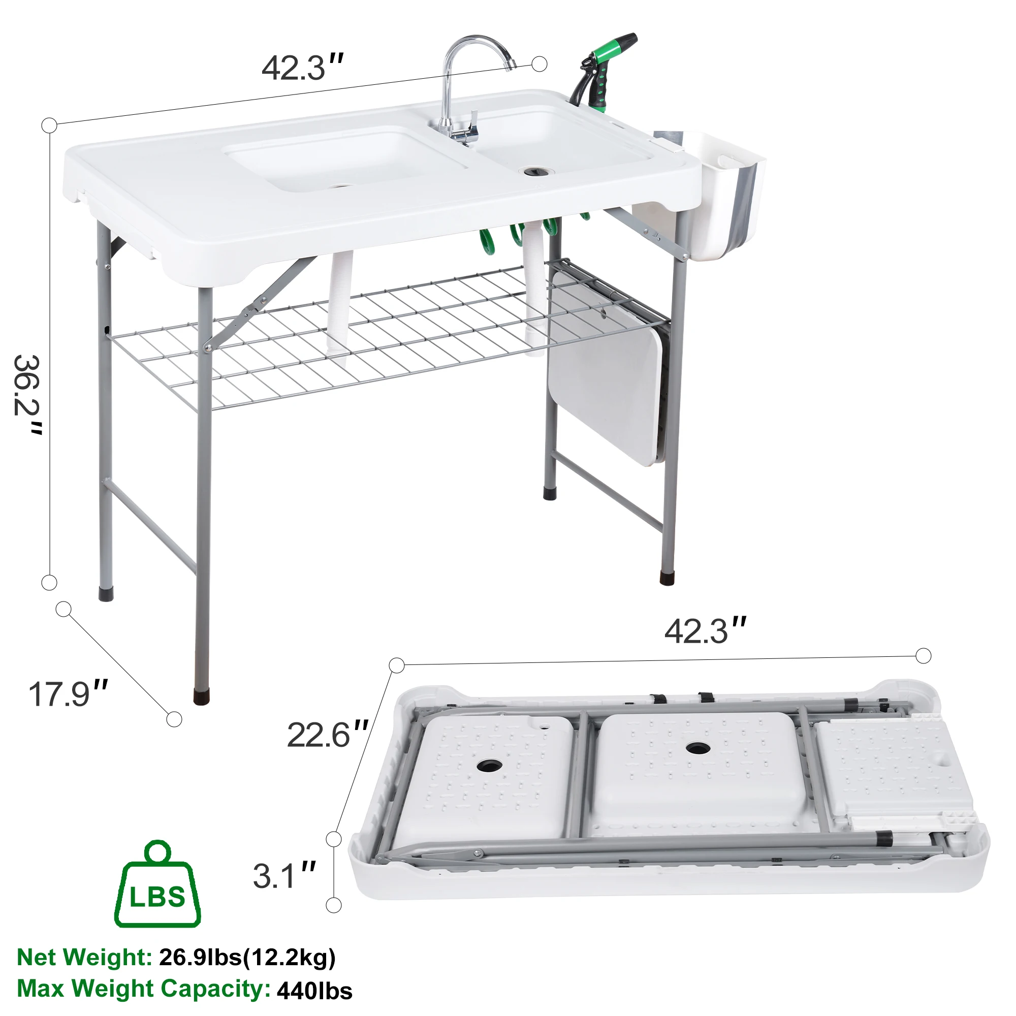 Outdoor camping fish cleaning table double sink with mesh