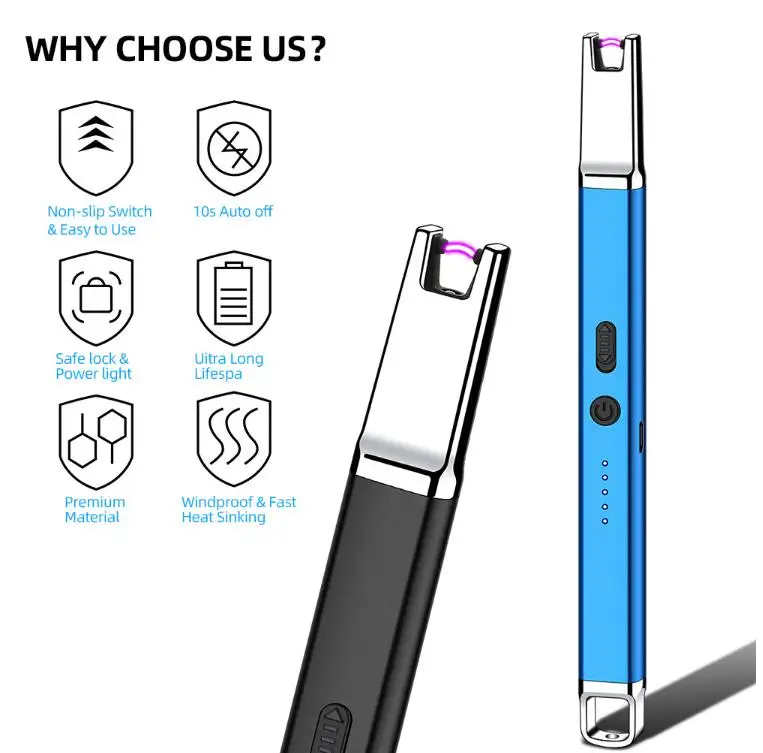 USB lighter Rechargeable Windproof Flamesless Long Arc Lighters BBQ Camping Arc Lighters with Led Light