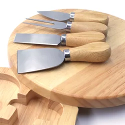 Multifunctional Portable  Natural Wood Round Cheese Board  4 Pieces Stainless Steel Cheese Knife Set with gift box