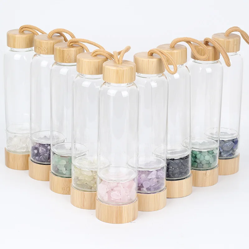 Wholesale BPA Free Customized logo Crystal Eco friendly 100% Biodegradable Bamboo Lid Glass Water Bottle With Gem