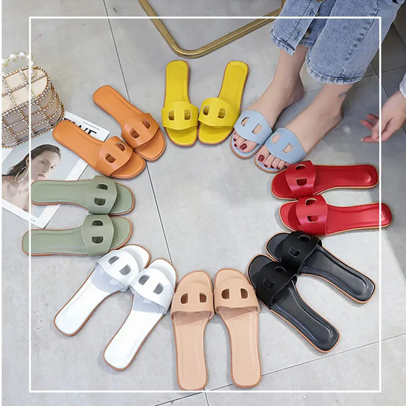Wholesale Summer Fancy Ladies H-Shaped Leather Slippers Fashion Ladies Outer Wear Slippers