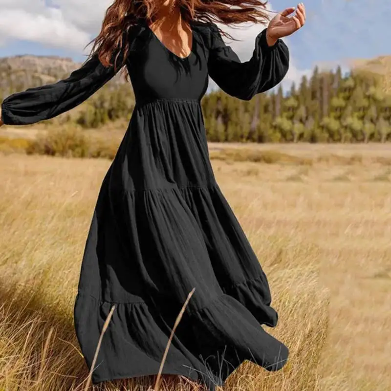V Neck Ruffle Smock Dress A-line Comfortable Holiday Loose Pleated Dress 2023 Hot Selling Long Maxi Dress Women