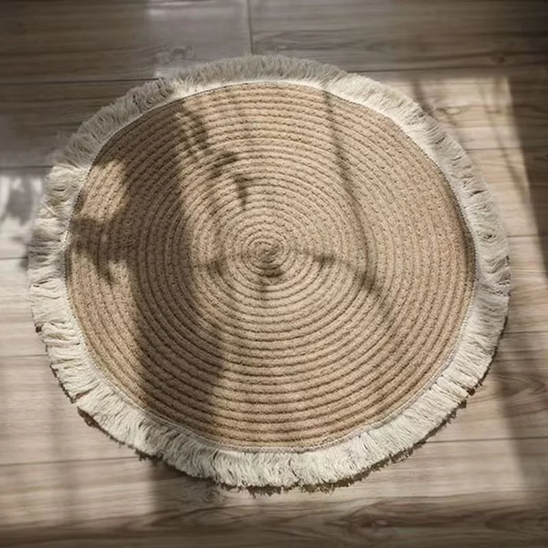 Modern Round Linen Patchwork Carpet for Kids Living Room and Bedroom Tassel Floor Mat