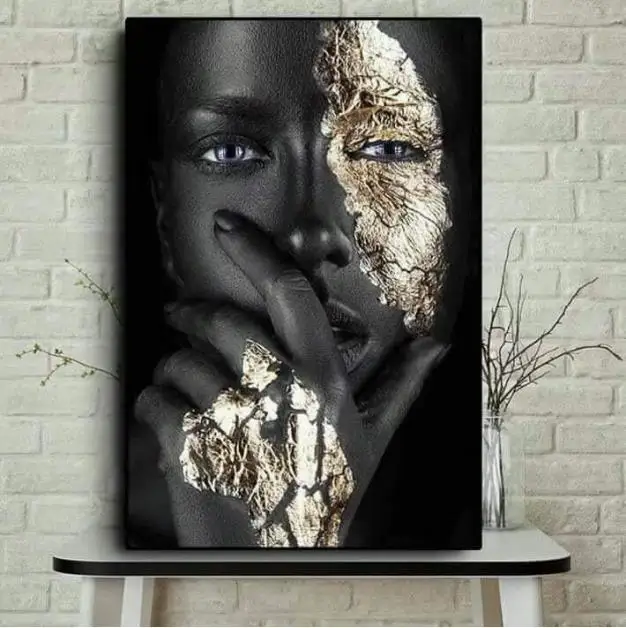 Black Women Golden Liquid Canvas Print Poster Large Size Modern Wall Art Pictures