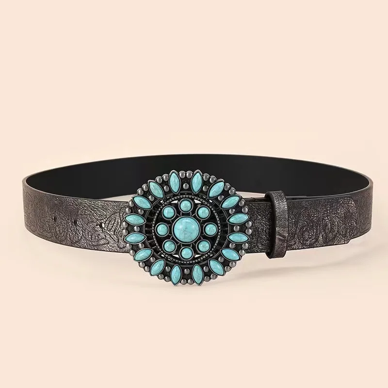 Round turquoise inlay pu belt vintage ethnic belt women belt for dress