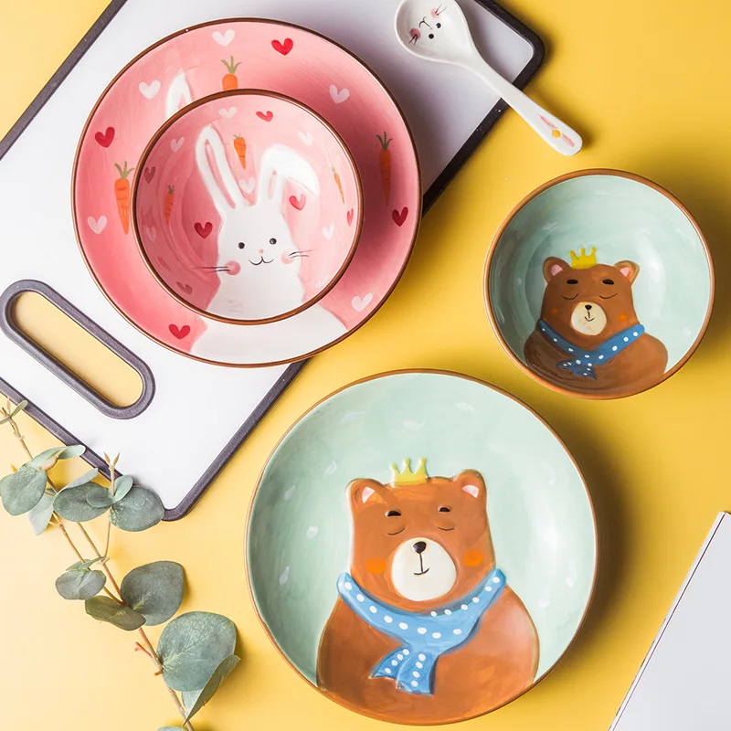 
Porcelain Children Kids Dinnerware Set ceramic bowl plate mug cute cartoon dinner set rabbit bear 