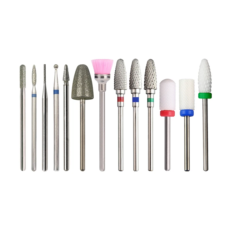 Professional Rotary Diamond Carbide Ceramic Nail Drill Bit 13PCS 3/32'Nail Drill Bits Set Cuticle Drill Bits for Acrylic Nails