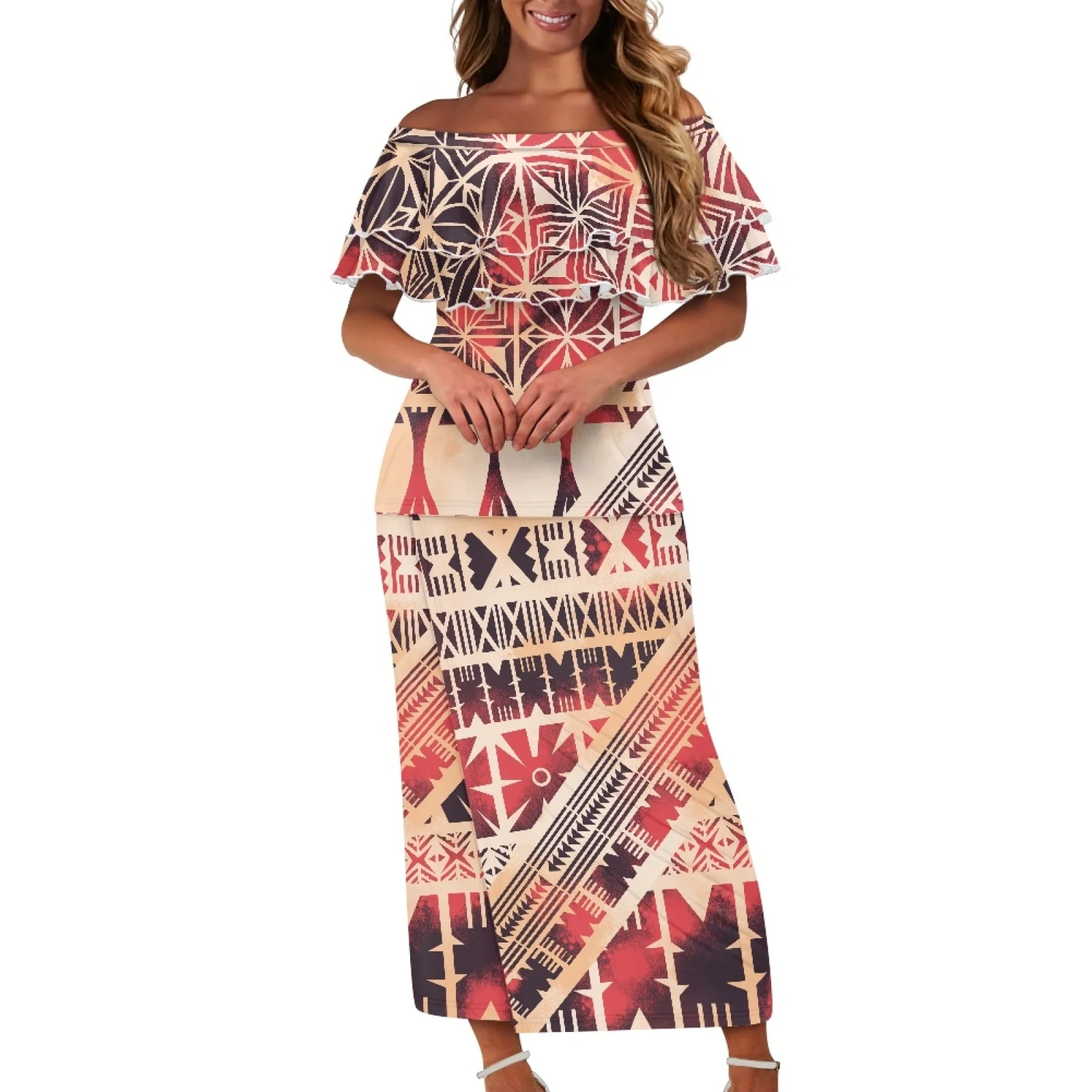Latest Polynesian Tribal Clothing Off Shoulder Samoan Puletasi Dresses For Women Custom Print Tapa Evening Puletasi Samoa Set