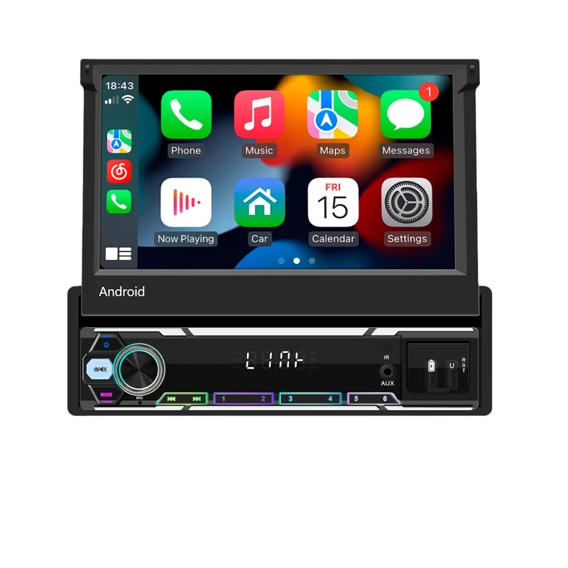 BQCC Android13 Carplay 1din Universal Car Radio 7' HD Retractable Screen RGB Multimedia Player Audio Stereo GPS/Wifi 9707-JED
