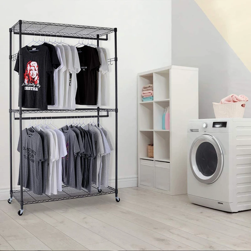 Garment Storage Shelf Clothing Rack with Double Clothes Hanging Rods and Lockable Wheels