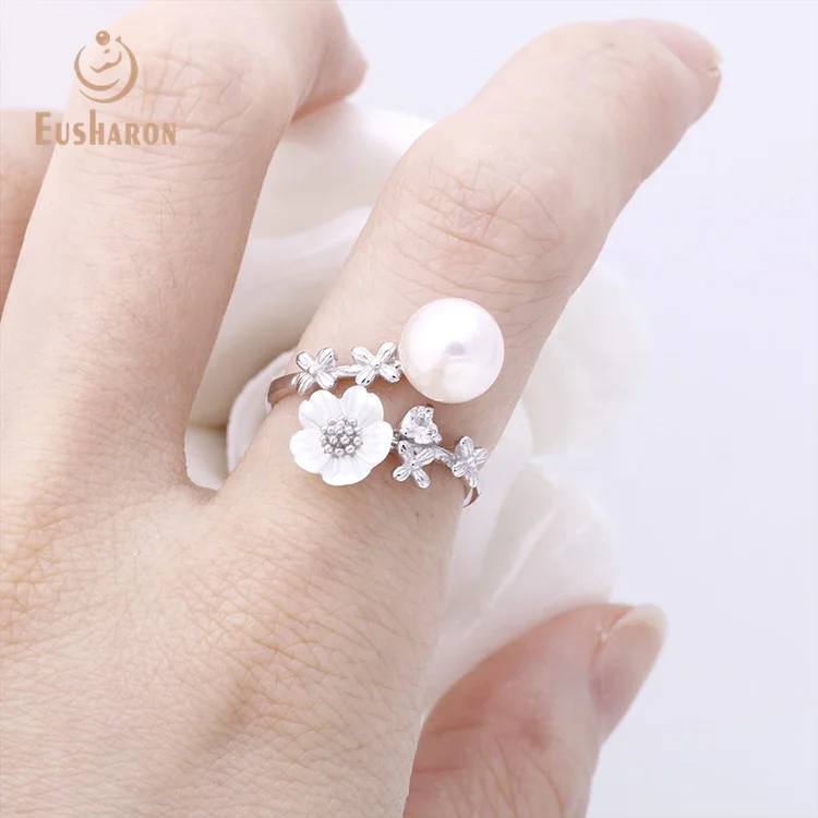 Pearl Party Natural Freshwater Pearl S925 Sterling Silver Adjustable Mount Flower Rings