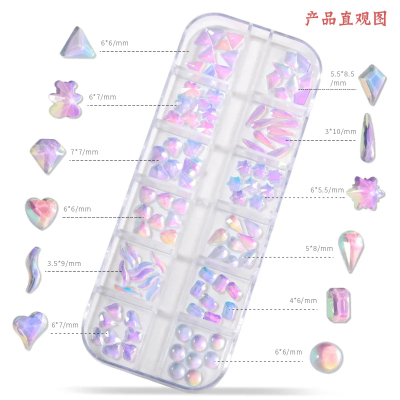 Wholesale 3d nail art crystal rhinestones 12 grid mixed ice transparent irregular shape flat bottom magic color shine DIY charms
