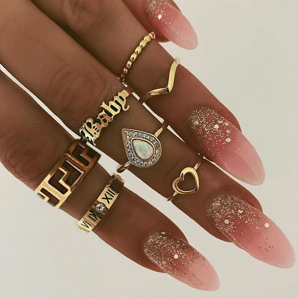 Aug jewelry European and American hot-selling new creative geometric baby love letter ring set 7-piece ring