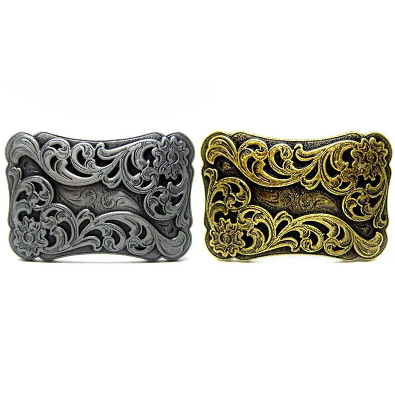 Wholesale Cowboy Flower Pattern Embossed Tang Grass Style Antique Heavy Floral Solid Brass Belt Buckles