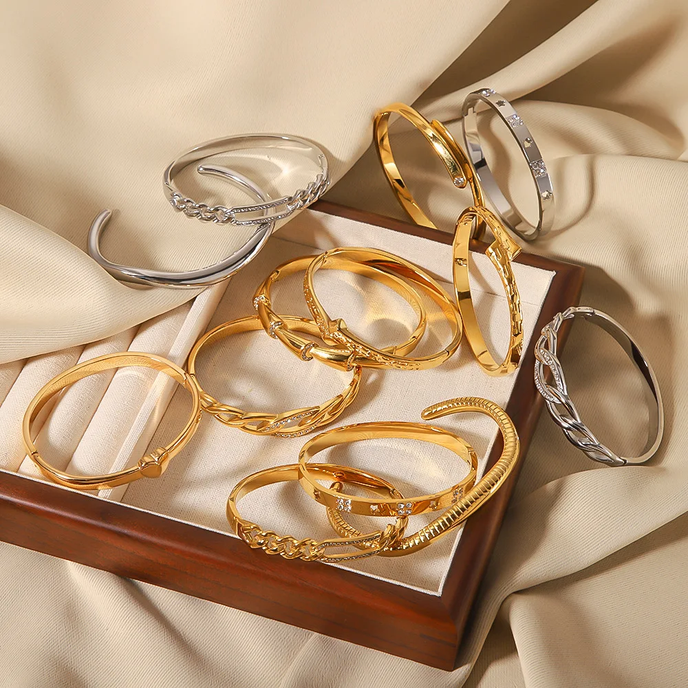 stylish gold plated bracelet Stylish Cubic Zirconia Stainless Steel Wrist Bangle Bracelet 18K Gold Plated Waterproof Jewelry