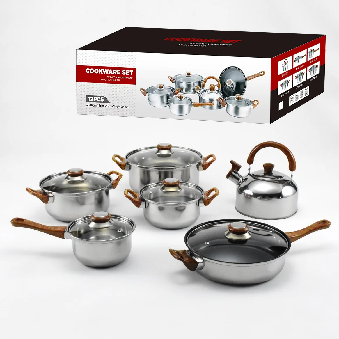 2024 New Amazon 12 Pcs Set Thickened Cookware Non-stick Stainless Steel Pots And Pans With Kettle