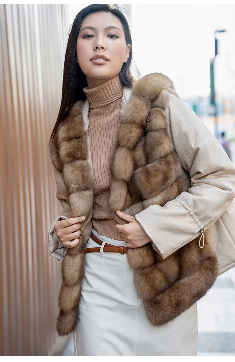 Wholesale Custom Real Russian Sable With Cashmere Classic Natural Color Hooded Short Fur Coat For Women