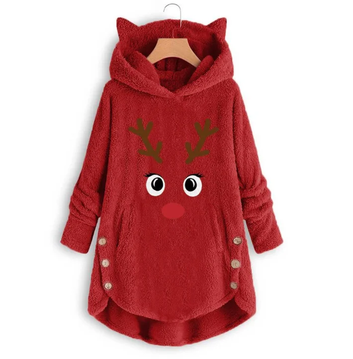
Plus Size Tops Buttons Winter Home Casual Wear Christmas Deer Fleece Hoodies For women 