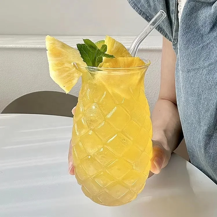 Creative Tiki Pineapple Shaped Glass Cup Clear Bar Glassware Stemless Cocktail Glasses with straw