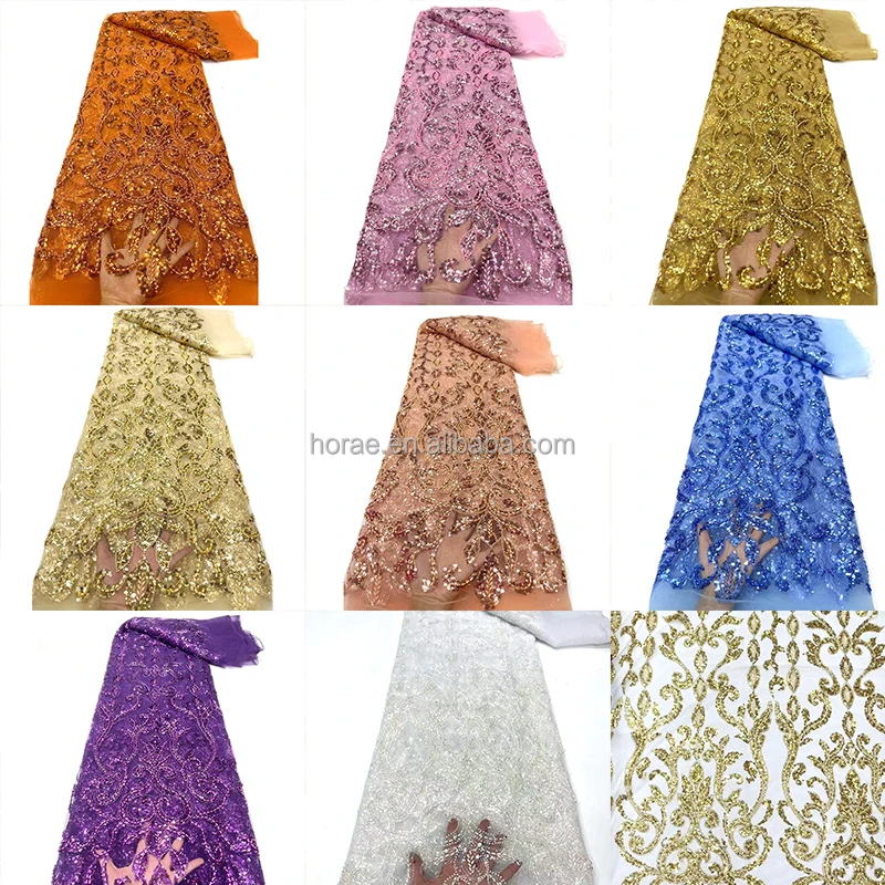 SF014 Wholesale Price Embroidery African Lace Mesh Fabrics Manufacturers 3D Heavy Beaded Sequin Fabric for Wedding Dress
