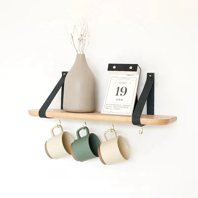 living room Wall Mounted Wooden Wall Hanging Wood Shelf floating Book Shelf with Leather Stra