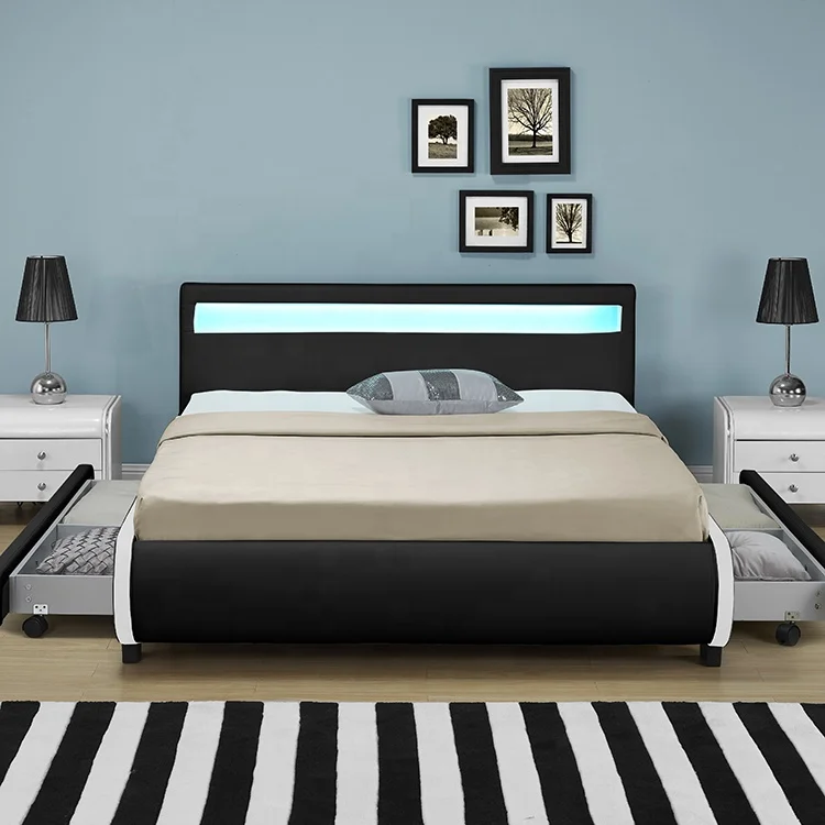 Willsoon Modern European Style King Size Storage Bed 2-Drawer PU Leather with LED Frame Soft and Durable for Home