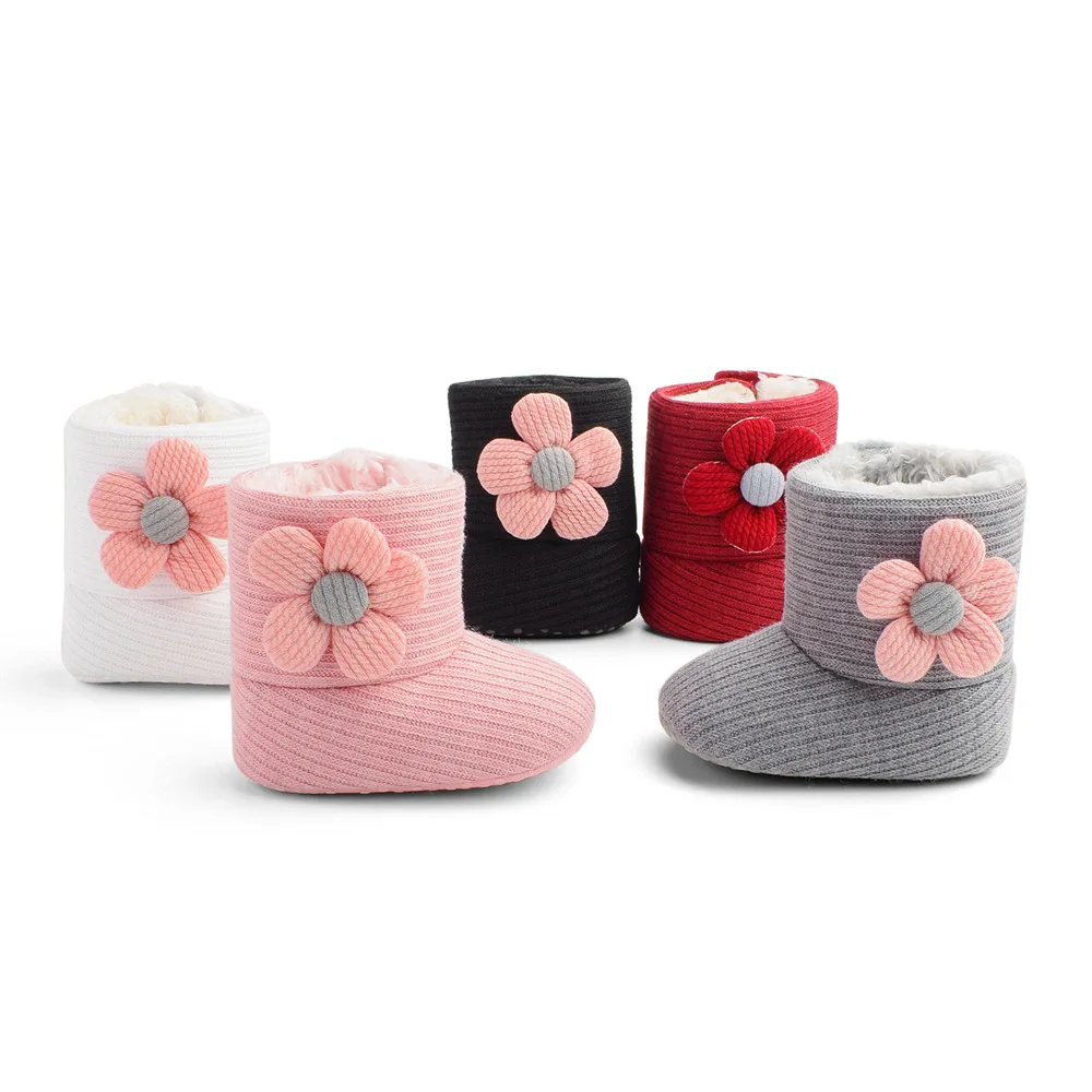 Wholesale Newborn Infant Winter Snow Boots Cotton Fabric Velvet Lined Furry Warm Flower