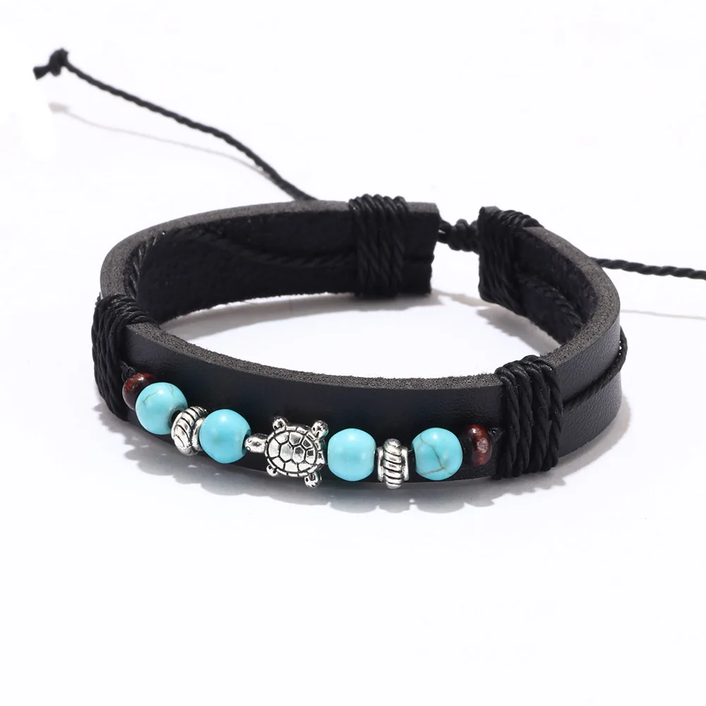 Hot sale leather jewelry vintage versatile cowhide drawstring bracelet wooden beads small turtle turtle accessories